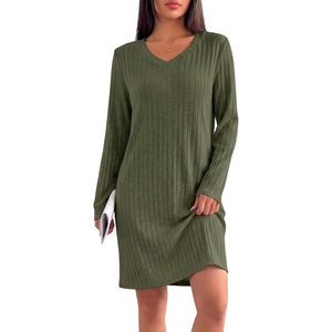 image:imageEkouaer Long Sleeve Nightgowns for Women V Neck Ribbed Knit Sleepwear S3XL  Soft Cozy Stretchy Sleepshirt Loose Fit House Dress for Sleep Home Casual Time Going Out PartyArmy Green