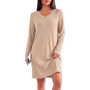 image:imageEkouaer Long Sleeve Nightgowns for Women V Neck Ribbed Knit Sleepwear S3XL  Soft Cozy Stretchy Sleepshirt Loose Fit House Dress for Sleep Home Casual Time Going Out PartyTea Grey