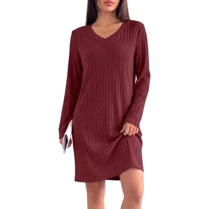 image:imageEkouaer Long Sleeve Nightgowns for Women V Neck Ribbed Knit Sleepwear S3XL  Soft Cozy Stretchy Sleepshirt Loose Fit House Dress for Sleep Home Casual Time Going Out PartyWine Red