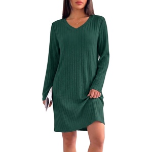 image:imageEkouaer Long Sleeve Nightgowns for Women V Neck Ribbed Knit Sleepwear S3XL  Soft Cozy Stretchy Sleepshirt Loose Fit House Dress for Sleep Home Casual Time Going Out PartyDeep Green