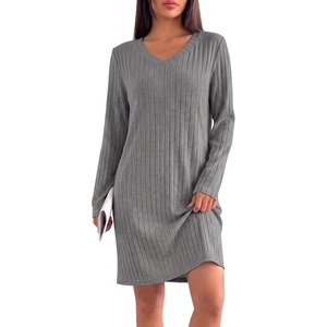 image:imageEkouaer Long Sleeve Nightgowns for Women V Neck Ribbed Knit Sleepwear S3XL  Soft Cozy Stretchy Sleepshirt Loose Fit House Dress for Sleep Home Casual Time Going Out PartyMid Grey