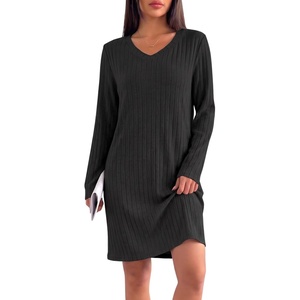 image:imageEkouaer Long Sleeve Nightgowns for Women V Neck Ribbed Knit Sleepwear S3XL  Soft Cozy Stretchy Sleepshirt Loose Fit House Dress for Sleep Home Casual Time Going Out PartyBlack