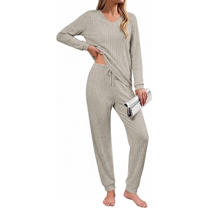 image:imageEkouaer Lounge Sets for Women Long Sleeve Ribbed Knit Pajama Set  Soft Warm Fall Winter Outfits 2026 V Neck Long Sleeve Tops Long Pants with Pockets 2 Piece Loungewear Home WearMoon Gray