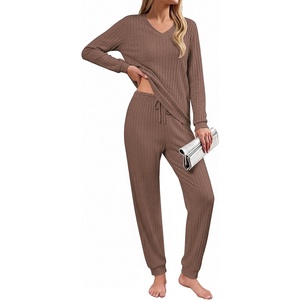 image:imageEkouaer Lounge Sets for Women Long Sleeve Ribbed Knit Pajama Set  Soft Warm Fall Winter Outfits 2026 V Neck Long Sleeve Tops Long Pants with Pockets 2 Piece Loungewear Home WearBrown