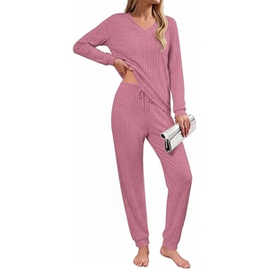 image:imageEkouaer Lounge Sets for Women Long Sleeve Ribbed Knit Pajama Set  Soft Warm Fall Winter Outfits 2026 V Neck Long Sleeve Tops Long Pants with Pockets 2 Piece Loungewear Home WearPurple Red