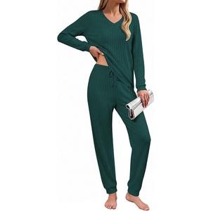image:imageEkouaer Lounge Sets for Women Long Sleeve Ribbed Knit Pajama Set  Soft Warm Fall Winter Outfits 2026 V Neck Long Sleeve Tops Long Pants with Pockets 2 Piece Loungewear Home WearLake Green