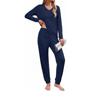 image:imageEkouaer Lounge Sets for Women Long Sleeve Ribbed Knit Pajama Set  Soft Warm Fall Winter Outfits 2026 V Neck Long Sleeve Tops Long Pants with Pockets 2 Piece Loungewear Home WearNavy Blue