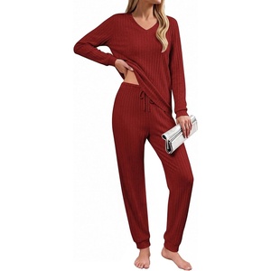 image:imageEkouaer Lounge Sets for Women Long Sleeve Ribbed Knit Pajama Set  Soft Warm Fall Winter Outfits 2026 V Neck Long Sleeve Tops Long Pants with Pockets 2 Piece Loungewear Home WearWine Red