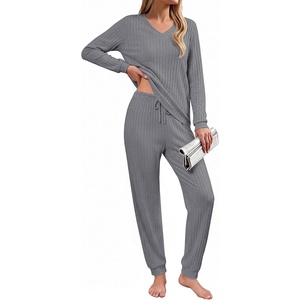image:imageEkouaer Lounge Sets for Women Long Sleeve Ribbed Knit Pajama Set  Soft Warm Fall Winter Outfits 2026 V Neck Long Sleeve Tops Long Pants with Pockets 2 Piece Loungewear Home WearMedium Gray