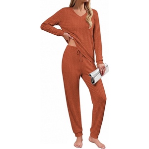 image:imageEkouaer Lounge Sets for Women Long Sleeve Ribbed Knit Pajama Set  Soft Warm Fall Winter Outfits 2026 V Neck Long Sleeve Tops Long Pants with Pockets 2 Piece Loungewear Home WearCaramel