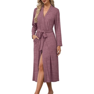 image:imageEkouaer Robes for Women Lightweight Long Bathrobe Soft Knit Bath Robe S2XL  Long Sleeve Two Deep Pockets Inner Tie and Fixed Outer Belt Great for Bathing Lounging SleepingWine Red