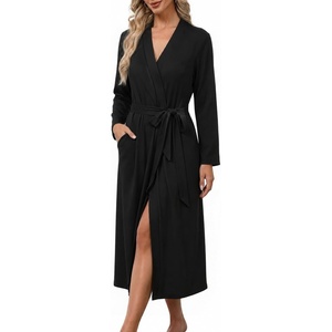 image:imageEkouaer Robes for Women Lightweight Long Bathrobe Soft Knit Bath Robe S2XL  Long Sleeve Two Deep Pockets Inner Tie and Fixed Outer Belt Great for Bathing Lounging SleepingBlack