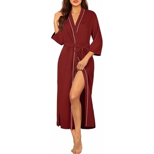 image:imageEkouaer Robes for Women Long Knit Bathrobe Soft 34 Sleeves Kimono Robe  V Neck Pockets Calf Length Lightweight Material TieWine Red