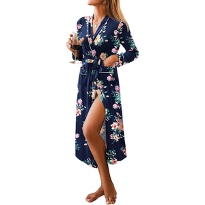 image:imageEkouaer Women Kimono Robes Full Length Knit Bathrobe Lightweight Sleepwear  Long Loungewear Soft Lightweight Fabric Christmas Day Valentines Day Bridal PartyFloral Navy