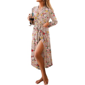 image:imageEkouaer Women Kimono Robes Full Length Knit Bathrobe Lightweight Sleepwear  Long Loungewear Soft Lightweight Fabric Christmas Day Valentines Day Bridal PartyFloral Beige