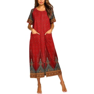 image:imageEkouaer Women Robe Zipper Short Sleeves Full Length House Coat with Pockets  Zip Up Bathrobe Short Sleeve Soft and LightweightRed Flower