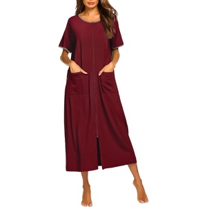image:imageEkouaer Women Robe Zipper Short Sleeves Full Length House Coat with Pockets  Zip Up Bathrobe Short Sleeve Soft and LightweightWine Red