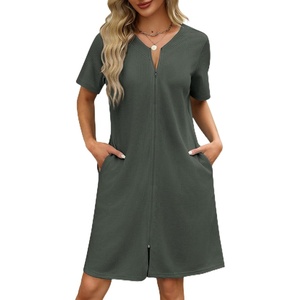 image:imageEkouaer Women Zipper Robe Waffle Bathrobe Short House Coat with Pockets  Lightweight Robe Short Sleeve Waffle Material V NeckAarmy Green