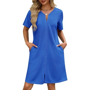 image:imageEkouaer Women Zipper Robe Waffle Bathrobe Short House Coat with Pockets  Lightweight Robe Short Sleeve Waffle Material V NeckBright Cobalt Blue