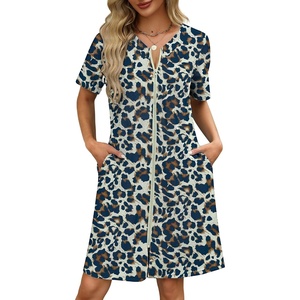 image:imageEkouaer Women Zipper Robe Waffle Bathrobe Short House Coat with Pockets  Lightweight Robe Short Sleeve Waffle Material V NeckCream Leopard Print