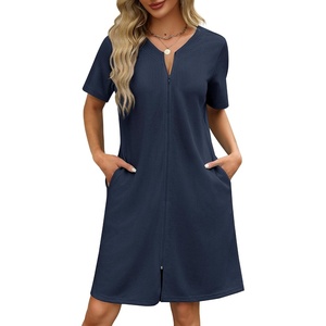 image:imageEkouaer Women Zipper Robe Waffle Bathrobe Short House Coat with Pockets  Lightweight Robe Short Sleeve Waffle Material V NeckDeep Navy