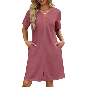 image:imageEkouaer Women Zipper Robe Waffle Bathrobe Short House Coat with Pockets  Lightweight Robe Short Sleeve Waffle Material V NeckGray Purple