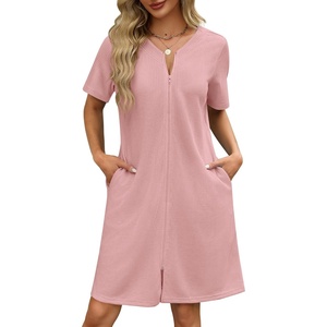image:imageEkouaer Women Zipper Robe Waffle Bathrobe Short House Coat with Pockets  Lightweight Robe Short Sleeve Waffle Material V NeckLight Pink