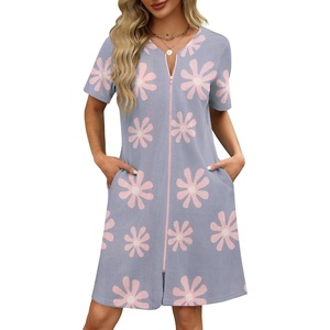 image:imageEkouaer Women Zipper Robe Waffle Bathrobe Short House Coat with Pockets  Lightweight Robe Short Sleeve Waffle Material V NeckLight Purple Floral