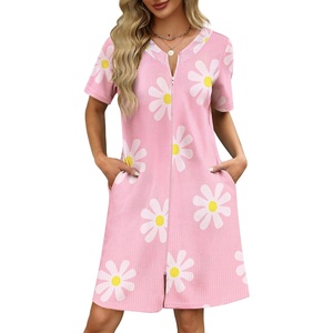 image:imageEkouaer Women Zipper Robe Waffle Bathrobe Short House Coat with Pockets  Lightweight Robe Short Sleeve Waffle Material V NeckPink Floral