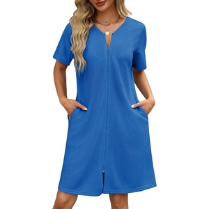 image:imageEkouaer Women Zipper Robe Waffle Bathrobe Short House Coat with Pockets  Lightweight Robe Short Sleeve Waffle Material V NeckRoyal Blue