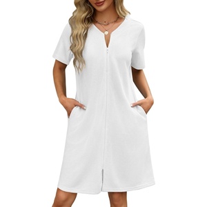 image:imageEkouaer Women Zipper Robe Waffle Bathrobe Short House Coat with Pockets  Lightweight Robe Short Sleeve Waffle Material V NeckSnow White