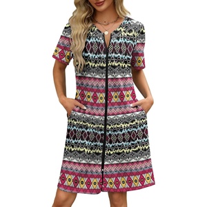 image:imageEkouaer Women Zipper Robe Waffle Bathrobe Short House Coat with Pockets  Lightweight Robe Short Sleeve Waffle Material V NeckTribal Geo Stripe