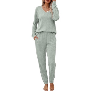 image:imageEkouaer Womens 2 Piece Long Sleeve Lounge Set Ribbed Knit Pajamas Set  Ribbed Knit Fabric Soft Lounge Sets Fall Sleepwear Airport Outfits Jogger Pants With Pockets Matching Track SuitsLight Green