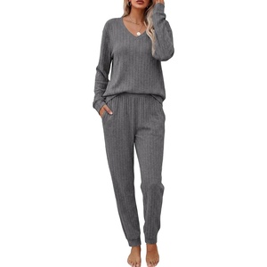 image:imageEkouaer Womens 2 Piece Long Sleeve Lounge Set Ribbed Knit Pajamas Set  Ribbed Knit Fabric Soft Lounge Sets Fall Sleepwear Airport Outfits Jogger Pants With Pockets Matching Track SuitsDak Grey