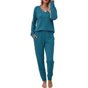 image:imageEkouaer Womens 2 Piece Long Sleeve Lounge Set Ribbed Knit Pajamas Set  Ribbed Knit Fabric Soft Lounge Sets Fall Sleepwear Airport Outfits Jogger Pants With Pockets Matching Track SuitsGreen Blue