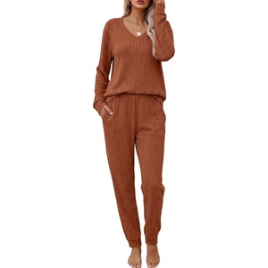 image:imageEkouaer Womens 2 Piece Long Sleeve Lounge Set Ribbed Knit Pajamas Set  Ribbed Knit Fabric Soft Lounge Sets Fall Sleepwear Airport Outfits Jogger Pants With Pockets Matching Track SuitsCaramel