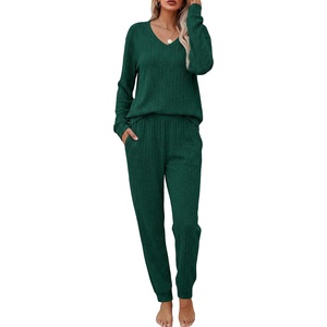 image:imageEkouaer Womens 2 Piece Long Sleeve Lounge Set Ribbed Knit Pajamas Set  Ribbed Knit Fabric Soft Lounge Sets Fall Sleepwear Airport Outfits Jogger Pants With Pockets Matching Track SuitsGreen