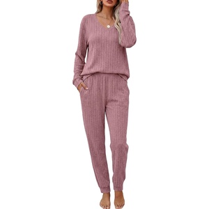 image:imageEkouaer Womens 2 Piece Long Sleeve Lounge Set Ribbed Knit Pajamas Set  Ribbed Knit Fabric Soft Lounge Sets Fall Sleepwear Airport Outfits Jogger Pants With Pockets Matching Track SuitsDusty Rose