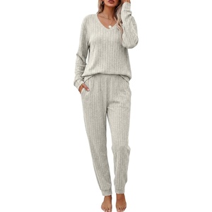 image:imageEkouaer Womens 2 Piece Long Sleeve Lounge Set Ribbed Knit Pajamas Set  Ribbed Knit Fabric Soft Lounge Sets Fall Sleepwear Airport Outfits Jogger Pants With Pockets Matching Track SuitsSmoky Gray