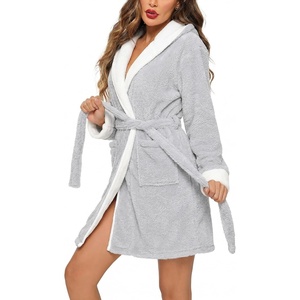 image:imageEkouaer Womens Hooded Bathrobe Short Fleece Robe Soft Luxury Sleepwear  Ultra Soft amp Textured Fleece Skin Friendly Long Sleeve Big Hooded Knee Length Warm and Cute BathrobeB Light Grey