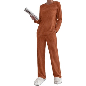 image:imageEkouaer Womens Lounge Sets Long Sleeve Casual Pajama Fall Sleepwear Pockets  Soft Ribbed Knit Pjs Loungewear 2 Piece Outfits Crew neck Curved Hem Fashion 2026 Matching Sets Women ClothingCaramel