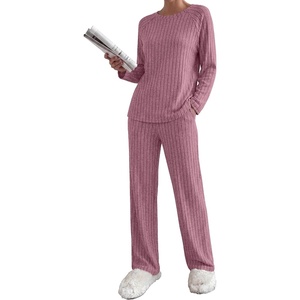 image:imageEkouaer Womens Lounge Sets Long Sleeve Casual Pajama Fall Sleepwear Pockets  Soft Ribbed Knit Pjs Loungewear 2 Piece Outfits Crew neck Curved Hem Fashion 2026 Matching Sets Women ClothingDusty Rose