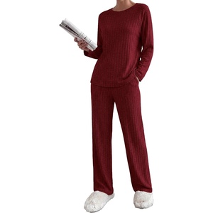 image:imageEkouaer Womens Lounge Sets Long Sleeve Casual Pajama Fall Sleepwear Pockets  Soft Ribbed Knit Pjs Loungewear 2 Piece Outfits Crew neck Curved Hem Fashion 2026 Matching Sets Women ClothingRed