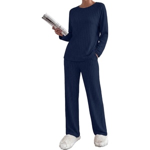image:imageEkouaer Womens Lounge Sets Long Sleeve Casual Pajama Fall Sleepwear Pockets  Soft Ribbed Knit Pjs Loungewear 2 Piece Outfits Crew neck Curved Hem Fashion 2026 Matching Sets Women ClothingNavy Blue