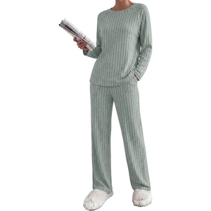 image:imageEkouaer Womens Lounge Sets Long Sleeve Casual Pajama Fall Sleepwear Pockets  Soft Ribbed Knit Pjs Loungewear 2 Piece Outfits Crew neck Curved Hem Fashion 2026 Matching Sets Women ClothingLight Green