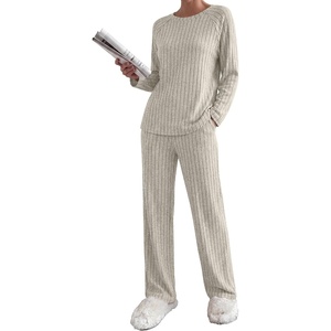 image:imageEkouaer Womens Lounge Sets Long Sleeve Casual Pajama Fall Sleepwear Pockets  Soft Ribbed Knit Pjs Loungewear 2 Piece Outfits Crew neck Curved Hem Fashion 2026 Matching Sets Women ClothingApricot