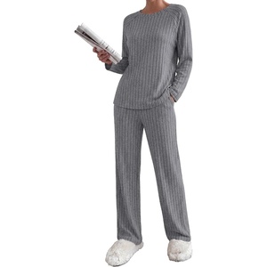image:imageEkouaer Womens Lounge Sets Long Sleeve Casual Pajama Fall Sleepwear Pockets  Soft Ribbed Knit Pjs Loungewear 2 Piece Outfits Crew neck Curved Hem Fashion 2026 Matching Sets Women ClothingDark Gray