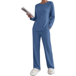 image:imageEkouaer Womens Lounge Sets Long Sleeve Casual Pajama Fall Sleepwear Pockets  Soft Ribbed Knit Pjs Loungewear 2 Piece Outfits Crew neck Curved Hem Fashion 2026 Matching Sets Women ClothingCaptains Blue
