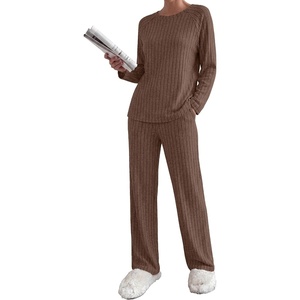 image:imageEkouaer Womens Lounge Sets Long Sleeve Casual Pajama Fall Sleepwear Pockets  Soft Ribbed Knit Pjs Loungewear 2 Piece Outfits Crew neck Curved Hem Fashion 2026 Matching Sets Women ClothingBrown
