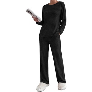 image:imageEkouaer Womens Lounge Sets Long Sleeve Casual Pajama Fall Sleepwear Pockets  Soft Ribbed Knit Pjs Loungewear 2 Piece Outfits Crew neck Curved Hem Fashion 2026 Matching Sets Women ClothingBlack